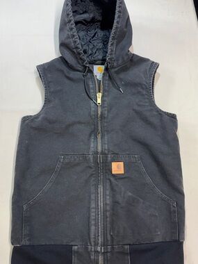 Carhartt Vest Mens Small Black Distressed Hooded Quilted Lining 100121 001